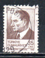 TURCHIA TURKÍA TURKEY 1982 MUSTAFA KEMAL PASHA ATATURK 35L LIRA USATO USED OBLITERE' - Usati