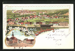 Lithographie Waldenburg I. Sachs., Marktplatz, Totalansicht Mit Bahnhof  - Waldenburg (Sachsen)