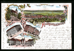 Lithographie Hildburghausen, Ortsansicht, Stadtkirche, Marktplatz Mit Rathaus  - Hildburghausen