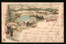 Lithographie Neuhaus /Rennweg, Gesamtansicht Mit Umgebung, Gasthof Zur Post, Skifahrer  - Neuhaus