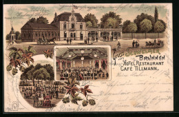 Lithographie Schwelm, Hotel Restaurant Cafe Schwelmer Brunnen Und Gesund-Brunnen, Inneres Saal, Garten  - Schwelm