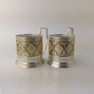 Vintage Soviet Russian Set Of 2 Podstakannik Tea Cup Holders USSR #5588 - Tasses