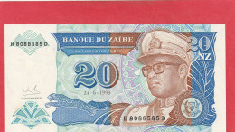 BANQUE DU ZAÏRE  .  20 NOUVEAUX ZAÏRES  .  24-6-1993  . N°  H 8088585 D  .  2 SCANNES  . ETAT LUXE / UNC - Zaïre