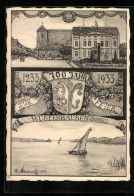 Künstler-AK Wusterhausen, 700 Jahrfeier 1233-1933, Festpostkarte Stadtjubiläum, Ortspartie, Segelboot, Wappen  - Wusterhausen