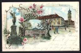 Lithographie Bruchsal, Schloss, Gymnasium Und Kriegerdenkmal  - Bruchsal