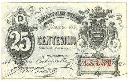 25 CENTESIMI BIGLIETTO FIDUCIARIO BANCA POPOLARE OPERAIA DI ROMA 1872 SUP- - Otros & Sin Clasificación