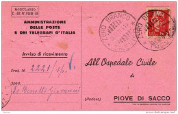 1945 RICEVUTA DI RITORNO CON ANNULLO ZERO BRANCO TREVISO - Poststempel