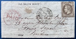 Ballon Monté 2 JANV 1871 Par Le " NEWTON " étoile 1 + Càd " PARIS / PL DE LA BOURSE" Pour LONDRES Arrivée SUP - War 1870