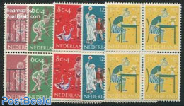 Netherlands 1959 Child Welfare 5v, Blocks Of 4, Mint NH, Nature - Transport - Various - Birds - Traffic Safety - Toys .. - Neufs