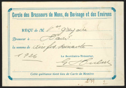 Carte De Membre "Cercle Des Brasseuers De Mons & Borinage" 1926 (au Dos: N°203 Càd Bil MONS/BERGEN/1927 + Timbre Fiscal) - Covers & Documents