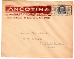 1926  "  ANCOTINA Produits Alimentaires  à ANVERS "  Envoyée à PARIS - Covers & Documents