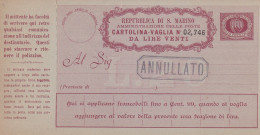 San Marino / Cartolina Vaglia , Money Card , Mandat Postal - Lire 20 - Enteros Postales