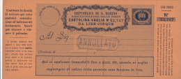 San Marino / Cartolina Vaglia , Money Card , Mandat Postal - Lire 5 - Interi Postali