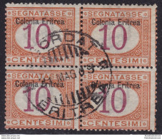 1903 ERITREA, Segnatasse N° 2 QUARTINA USATA CON ANNULLO CENTRALE 'AGORDAT' - Eritrea