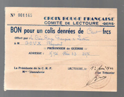 Lectoure (32)  CROIX ROUGE Bon Pour Un Colis Denrée De 100 Francs 1944 (voir La ,description) (PPP47794 D) - Rotes Kreuz