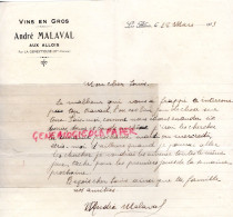 87-LA GENEYTOUSE AUX ALLOIS- RARE LETTRE MANUSCRITE ANDRE MALAVAL-MARCHAND VINS -1923 - Artigianato