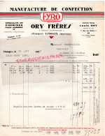 87- LIMOGES- FACTURE ORY FRERES - LOUIS ORY-FYRO-MANUFACTURE CONFECTION CHEMISES-8 FG CROIX MANDONNAUD-1937 - Textile & Clothing