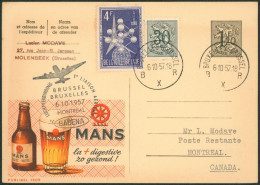 Publibel N°1509 (Bière) + 4F30 Par Avion Vol SABENA BRUXELLES - MONTREAL (1957)  çàd Poste Restante - Lettres & Documents