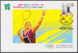 Inde India 2012 Maximum Max Card Olympic Games, Olympics Sport, Sports, Badminton, Racket, Shuttle, London - Storia Postale