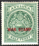 142 Antigua Half Penny War Stamp (red) MH * Neuf (ANT-46) - 1858-1960 Crown Colony