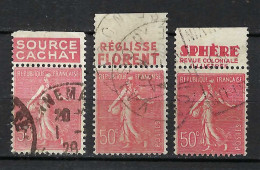 FRANCE 1924-32: Lot D' Obl. BDF Du Y&T 199 Types I,II Et IV Au Type "Semeuse Lignée" Avec Manchettes Publicitaires - 1932-39 Peace