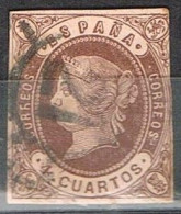 Sello 4 Cuartos Isabel II Tipo II, RUEDA CARRETA Numeral 21 BURGOS, Num 58A º - Gebraucht