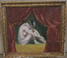 Bernard LANGRUNE (1889-1961) Huile Sur Panneau Contreplaqué - Femme Nue Derrière Le Rideau 35 Cm X 31 - Huiles