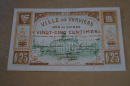 Billet,bon De Caisse 25centimes,ville De Verviers 1914,série N° 221338,bel état De Collection - Altri & Non Classificati