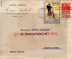 64- PAU- RARE ENVELOPPE GEORGES AUBERT- CUIRS GANTERIE MEGISSERIE TANNERIE-RUE MARCEL BARTHE ABATTOIR-1931 - Artigianato