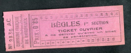 Ticket Billet De Tramway "Compagnie Française Des Tramways Electriques Et Omnibus De Bordeaux - Bègles Ouvrier 0f85" - Europa