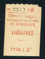 Ticket Billet De Tramway "Compagnie Française Des Tramways Electriques Et Omnibus De Bordeaux - Théatres 2frs" - Europe