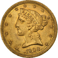 États-Unis, $5, Half Eagle, Coronet Head, 1908, Philadelphie, Or, SUP, KM:101 - 5$ - Half Eagles - 1866-1908: Coronet Head