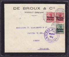 L. Entête "De Broux à Noirhat) Affr. N°OC2+OC3x2 Càpt "BRÜSSEL /22.9.1915" Pour AARHUS (Danemark) - Cachet Censure Milit - OC1/25 General Government