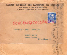 87- SAINT ST JUNIEN- ENVELOPPE SOCIETE GENERALE PAPETERIES LIMOUSIN- RENE RESTOIN GANTIER GANTERIE SAINT BRICE-1945 - Bank En Verzekering