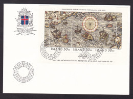 Iceland: FDC First Day Cover, 1989, 1 Stamp, Souvenir Sheet, Old Map, Sea Monster, Nordia Exhibition (traces Of Use) - Covers & Documents