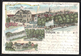 Lithographie Oldesloe, Hotel Zur Krone Von A. Christ, Bürgermeisterinsel Und Salzteich  - Bad Oldesloe