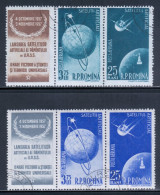 Romania 1957 Mi# 1677-1680 Used - 2 Strips Of 3 (label At Left) - Sputniks 1 And 2 / Space - Used Stamps