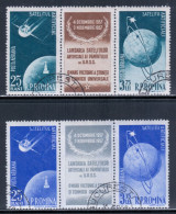 Romania 1957 Mi# 1677-1680 Used - 2 Strips Of 3 (label In The Middle) - Sputniks 1 And 2 / Space - Used Stamps