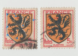 2 Timbres France 1942  YT N° 602 Armoiries Flandre. Variété Griffes Absentes Lion Contours Blancs Langue Plus Petite - Usados