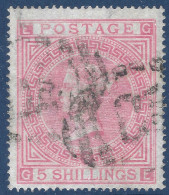 Grande Bretagne N°87a 5 Shilling Rose Sur Papier Bleuté Oblitéré Dateurs Des Recommandés Killer  "R"  RR - Gebruikt