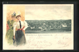 AK Ebersbach I. S., Frauen In Bürgerlicher Kleidung, Totalansicht  - Ebersbach (Loebau/Zittau)