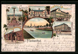 Lithographie Frankenthal, Erkenbeck Museum, Taubstummen-Anstalt, Turnhalle, Rheinkanal  - Frankenthal