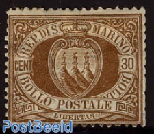 San Marino 1877 30c. Brown Unused Hinged, Unused (hinged) - Unused Stamps