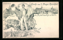 Lithographie Ganzsache Bayern PP7C2: Ansbach, X. Bayer. Turnfest 1897, Teilnehmer Winkt, Turnhalle U. Promenade  - Postkarten