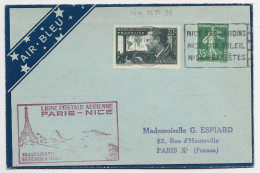 FRANCE MERMOZ 30C+ 35C SEMEUSE LETTRE COVER AIR BLEU MEC NICE 1938 - 1927-1959 Brieven & Documenten