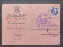 REGNO ITALIA CARTOLINA POSTALE RICEVUTA DI RITORNO POSTA RACCOMANDATA COMUNE DI PESARO 1935 - Postwaardestukken