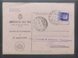 REGNO ITALIA CARTOLINA POSTALE RICEVUTA DI RITORNO POSTA RACCOMANDATA COMUNE DI PESARO SASSOCARVARO  1942 - Entiers Postaux