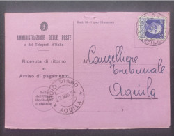 REGNO ITALIA CARTOLINA POSTALE RICEVUTA DI RITORNO POSTA RACCOMANDATA COMUNE DI AQUILA 1934 - Entiers Postaux