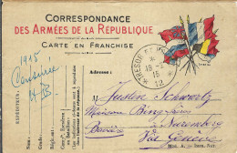 FRANCE 1915: CP Militaire Ill. Pour Nuremberg (Allemagne), En Franchise FM, Censurée - Briefe U. Dokumente