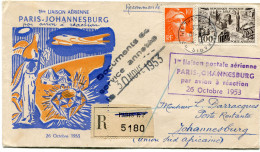 FRANCE ENVELOPPE ILLUSTREE RECOMMANDEE "1ere LIAISON AERIENNE PARIS-JOHANNESBURG" DEPART PARIS 26-10-1953.......... - 1927-1959 Storia Postale